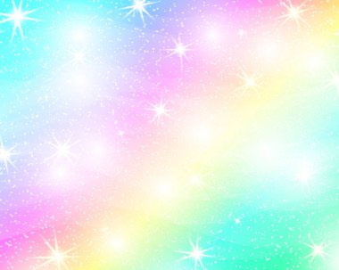 Tek boynuzlu at rainbow arka plan. Pastel renk holografik gökyüzünde. Parlak deniz kızı Prenses renklerde desen. Vektör çizim. Gökkuşağı Fileli fantezi degrade renkli zemin.