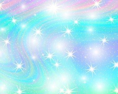 Tek boynuzlu at rainbow arka plan. Pastel renk holografik gökyüzünde. Parlak deniz kızı Prenses renklerde desen. Vektör çizim. Gökkuşağı Fileli fantezi degrade renkli zemin.