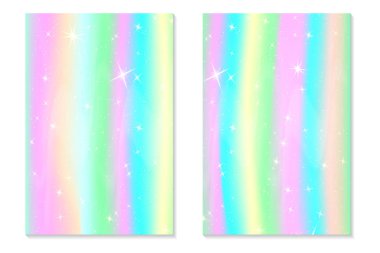 Tek boynuzlu at rainbow arka plan. Pastel renk holografik gökyüzünde. Parlak hologram deniz kızı Prenses renklerde desen. Vektör çizim. Tek boynuzlu at fantezi degrade renkli zemin gökkuşağı ile mesh.