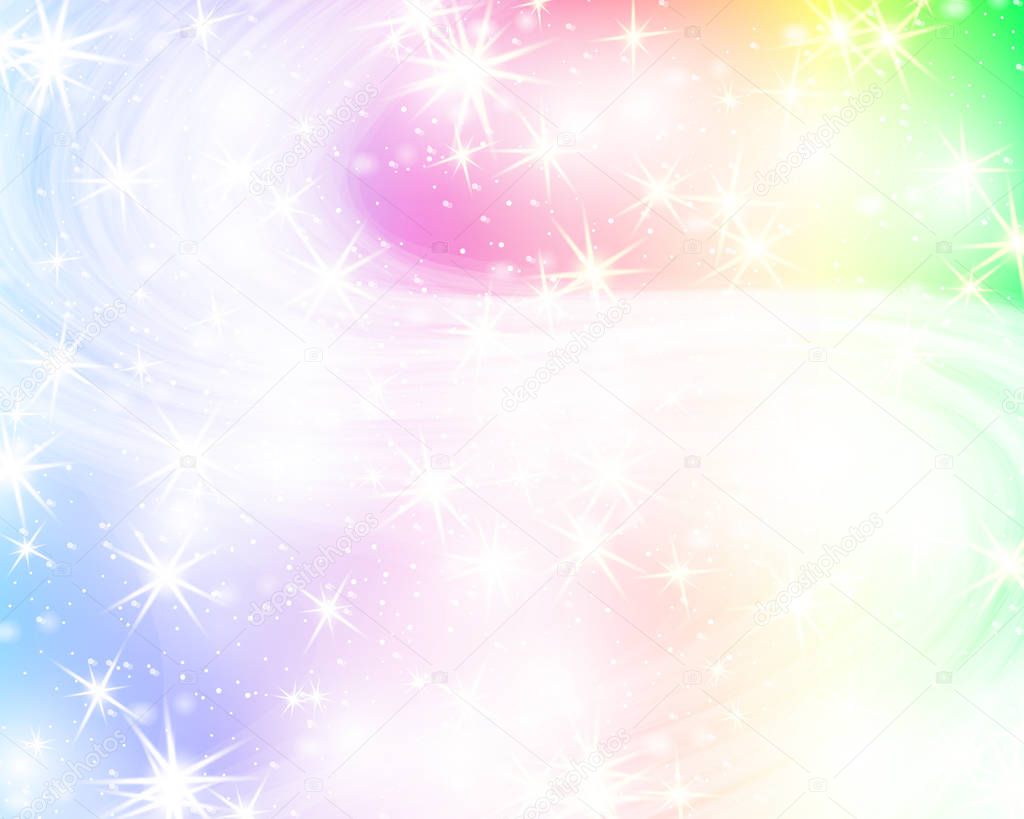 Unicorn rainbow background. Holographic sky in pastel color. Bright mermaid pattern in princess colors. Vector illustration. Fantasy gradient colorful backdrop with rainbow mesh.