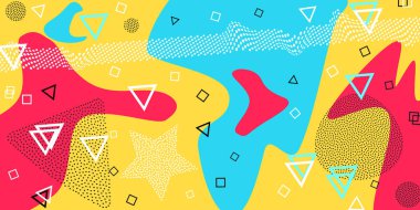 Memphis desen doku ve kartpostal için geometrik şekiller. Vektör çizim. Hippi tarzı. Renkli funky arka plan.