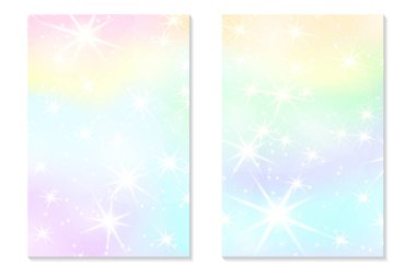 Tek boynuzlu at rainbow arka plan. Pastel renk holografik gökyüzünde. Parlak hologram deniz kızı Prenses renklerde desen. Vektör çizim. Tek boynuzlu at fantezi degrade renkli zemin gökkuşağı ile mesh.