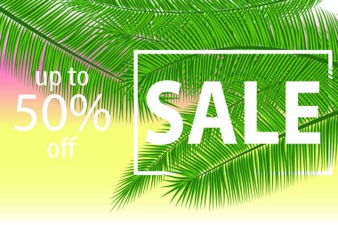 Satışı büyük başlığı ile palmiye yaprakları. Yaz satış Tasarla.