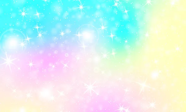 Unicorno sfondo arcobaleno. Cielo olografico — Vettoriale Stock