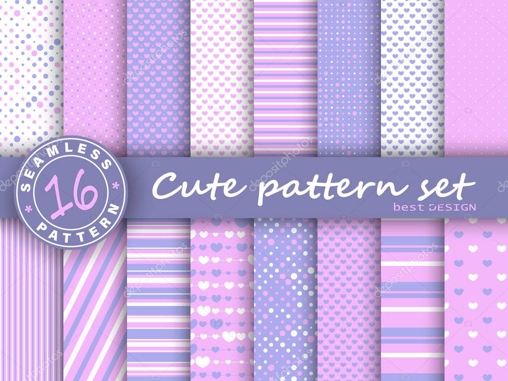 Polka dot, stripes, hearts seamless pattern set.