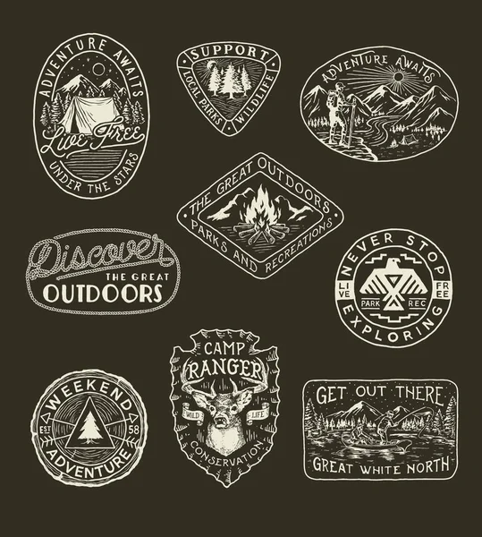 Collection Hand Drawn Adventure Camping Nature Travel Emblems Patches — Stock Vector