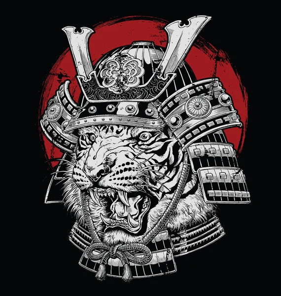 Hand Dras Mycket Detaljerade Japanska Tiger Samurai Vektor Illustration Svart — Stock vektor