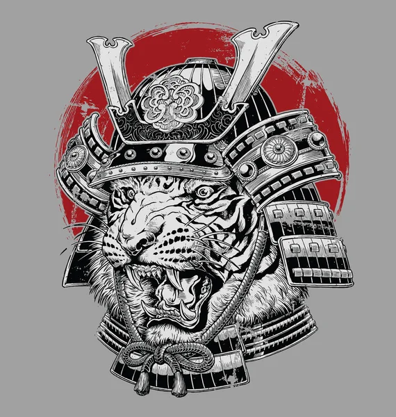 Hand Dras Mycket Detaljerade Japanska Tiger Samurai Vektor Illustration Grå — Stock vektor