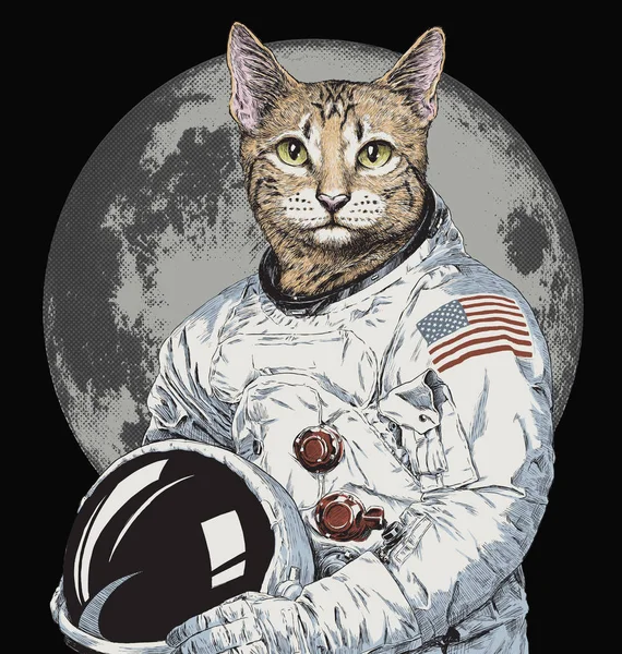 Hand Getrokken Grappige Hipster Kat Astronaut Vectorillustratie — Stockvector