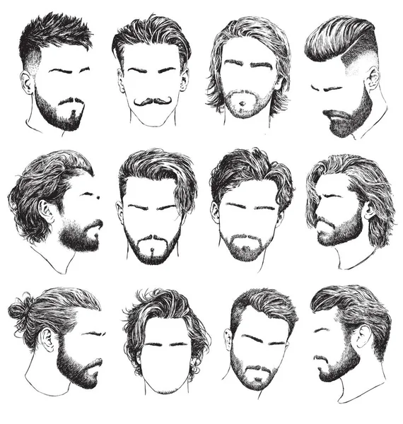 Muy Detallado Dibujado Mano Mens Peinados Barbas Bigotes Vector Conjunto — Vector de stock