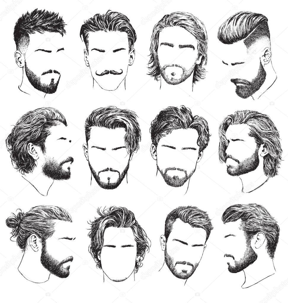 Highly detailed, hand drawn mens hairstyles, beards and mustaches vector set.