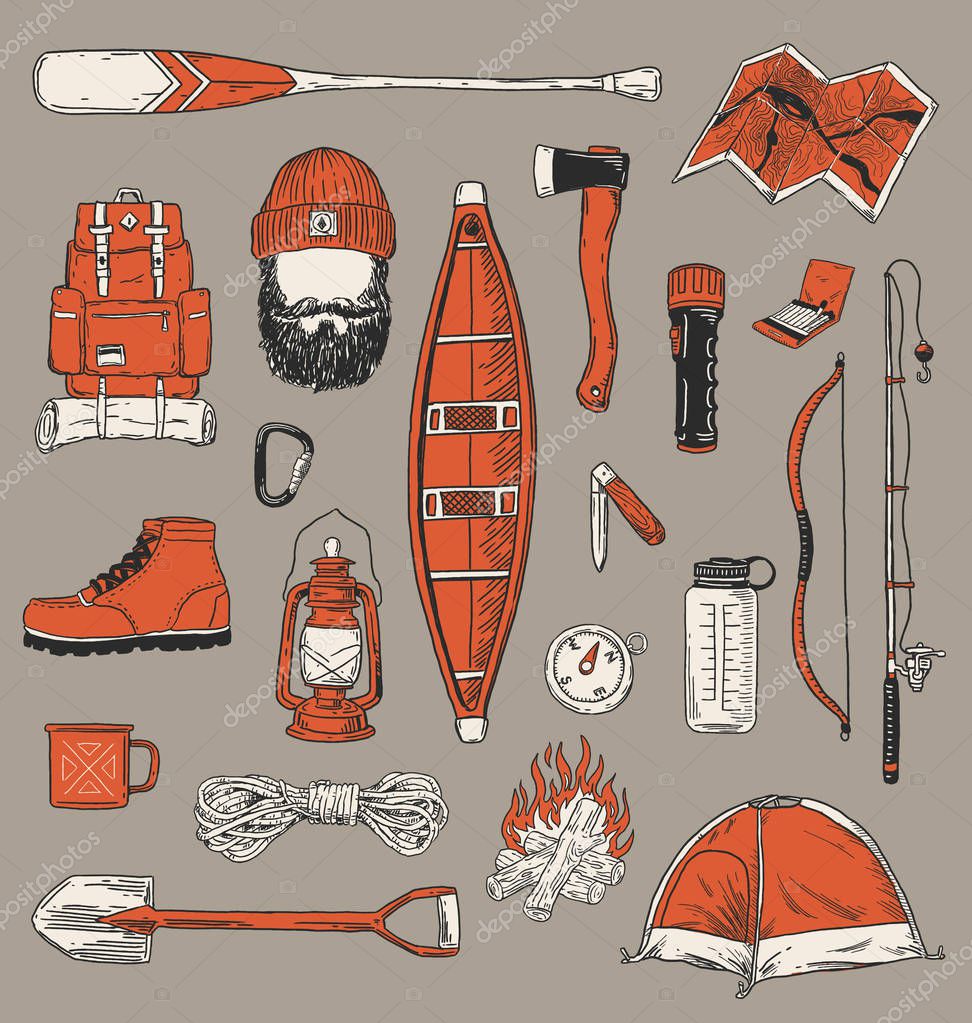 Collection of vintage outdoor camping and recreation elements