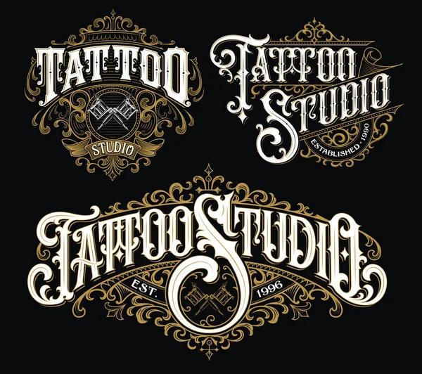 Vintage Tattoo Belettering Logo Set Zeer Gedetailleerde Tattoo Emblemen Logo — Stockvector