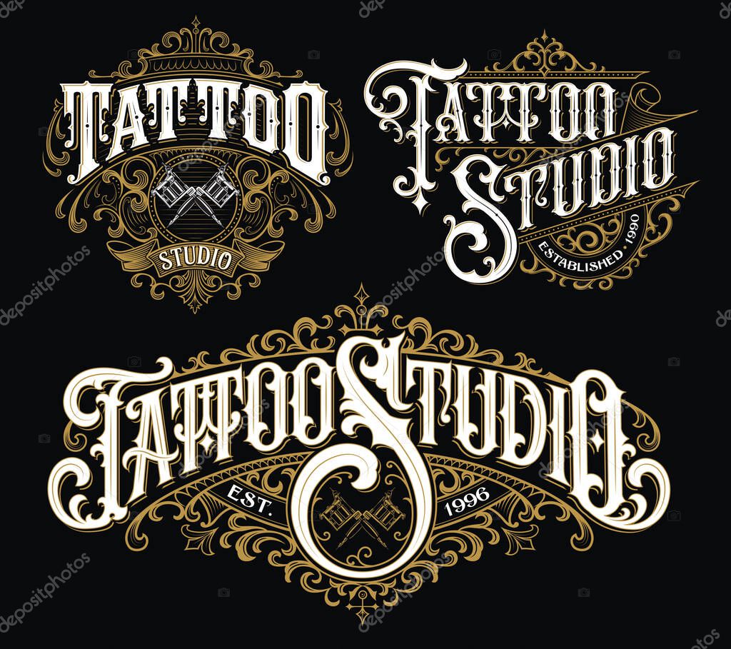 Vintage tattoo lettering logo set. Highly detailed tattoo emblems, logo, badges and t-shirt graphics.