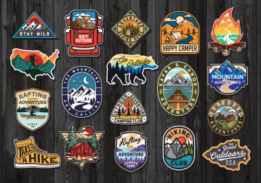 Set of Vintage Outdoor Summer Camp Logo Patches on Wood board. Hand drawn and vector emblem designs. Great for shirts, stamps, stickers logos and labels. clipart
