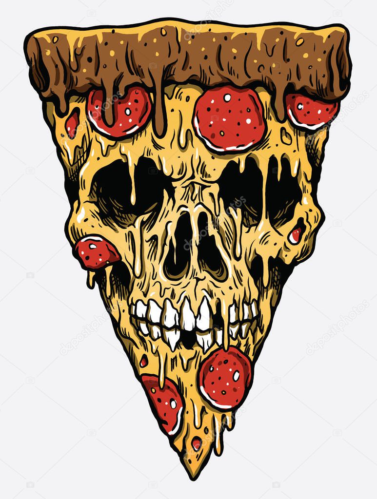 Zombie Skull Pizza Slice. Vector Illustration for T-shirts.