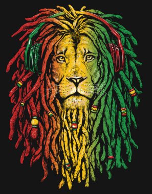 Pen and inked Rastafarian Lion digital illustration on black background.  clipart