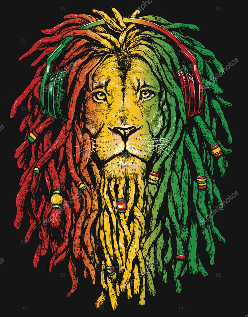 Pen and inked Rastafarian Lion digital illustration on black background.