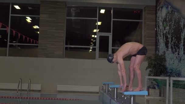 Пловец готовится и прыгает в бассейн — стоковое видео