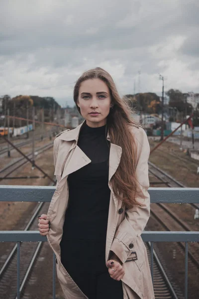 Beautiful Girl Staying Bridge — Stock Photo, Image