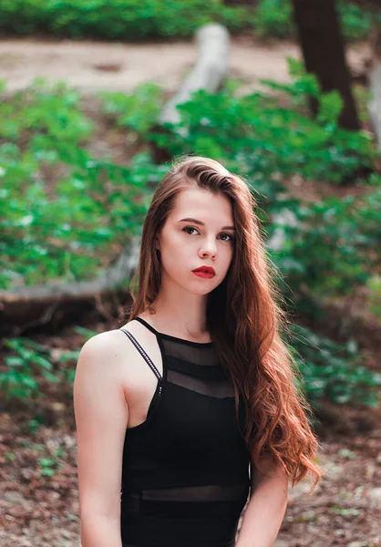 Retrato Uma Menina Brilhante Com Cabelos Longos Natureza Olhos Expressivos — Fotografia de Stock