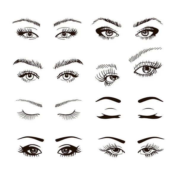 Conjunto de diferentes ojos femeninos con pestañas largas, ilustración vecor dibujado a mano — Vector de stock