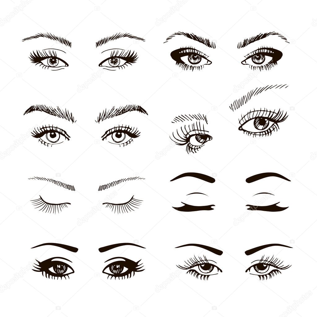 set of different female eyes with long eyelashes, handdrawn vecor illustration