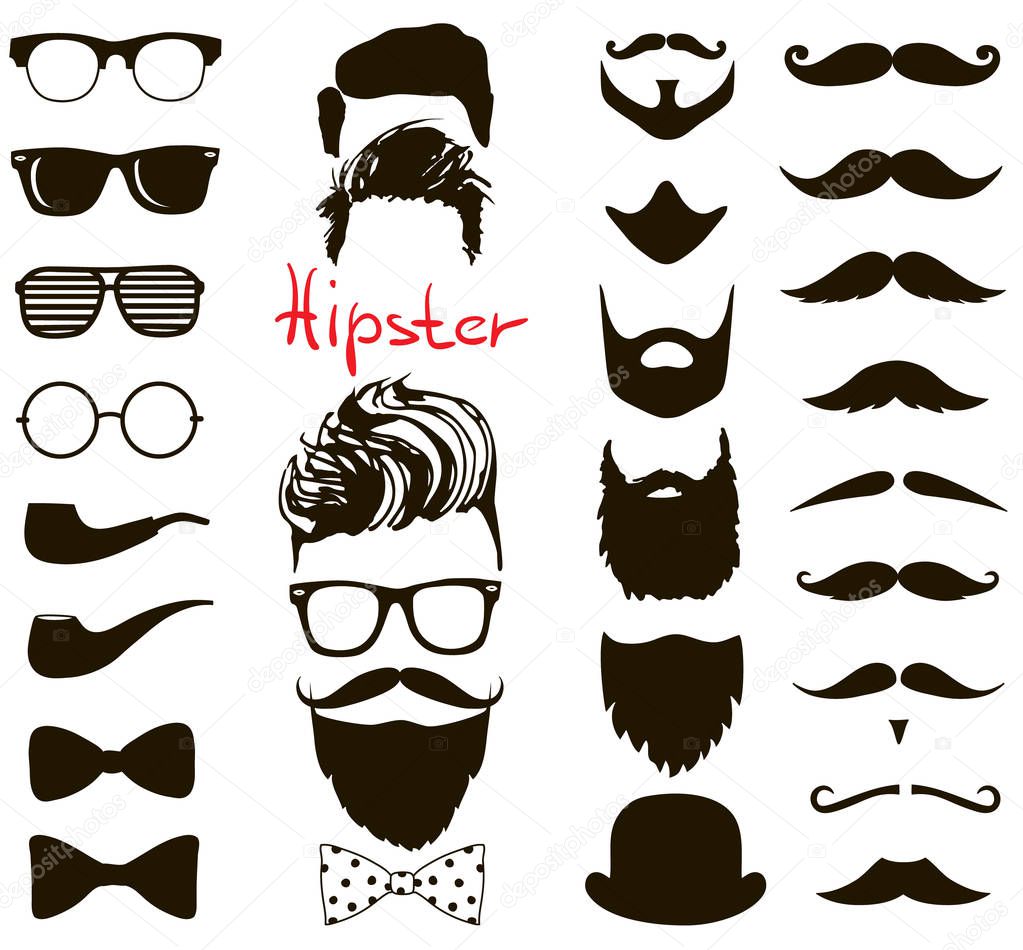 Hipster fashion set. haircuts, beards, glasses, bowtie and pipe