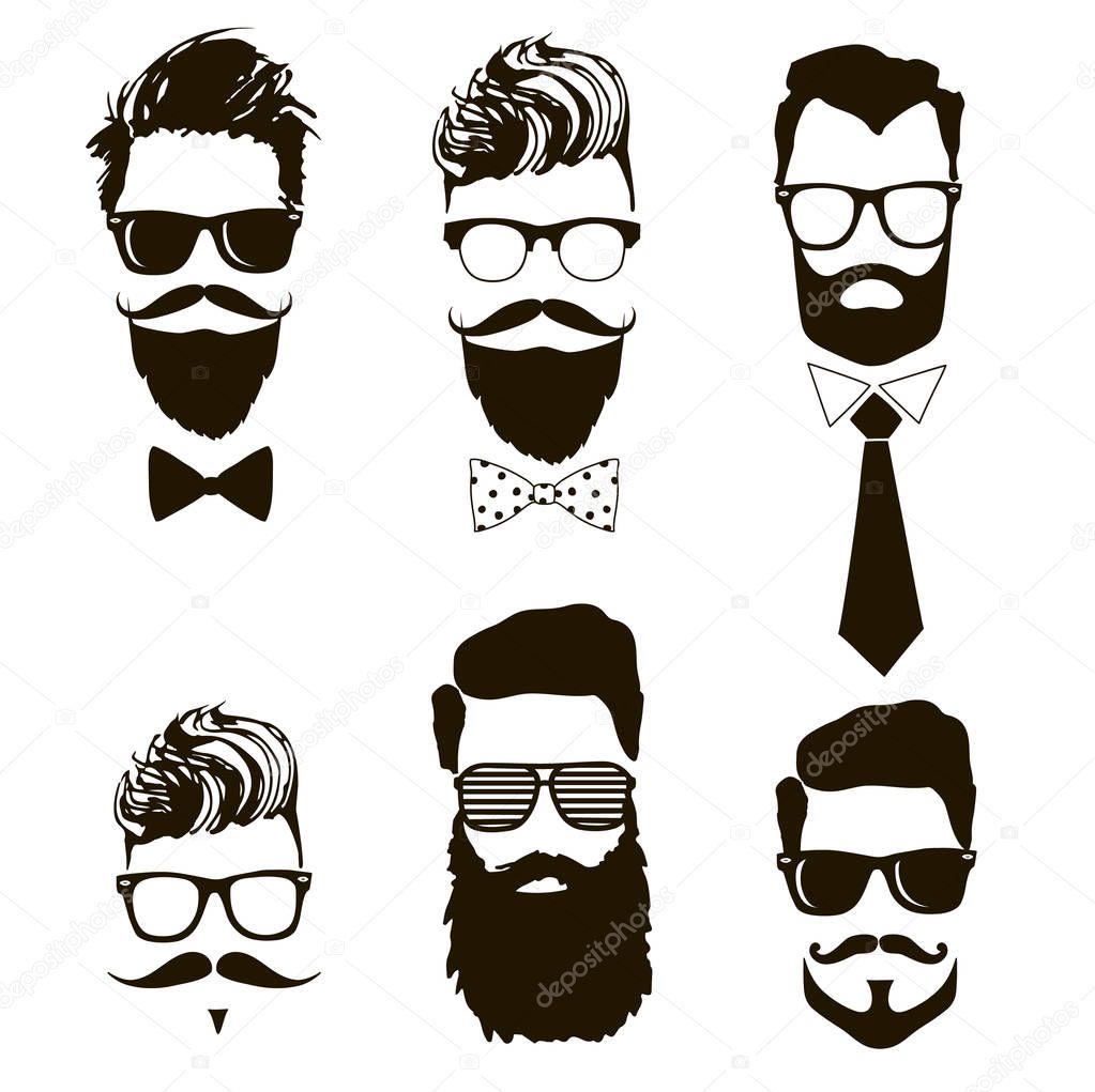 Set of vector bearded men faces, hipsters with different haircuts, mustaches, beards, sunglasses.