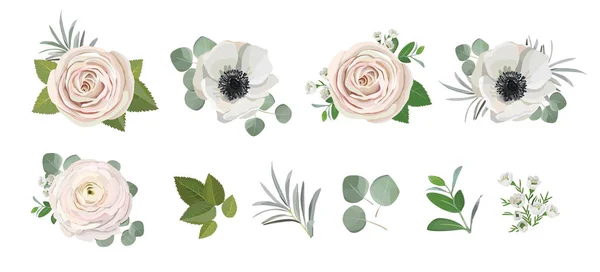 Anemone ranunculus eucalyptus rose peony flowers and eucalyptus branches bouquet vector illustration, hand drawn floral elements set for greeting cards, wedding invitations. — 图库矢量图片