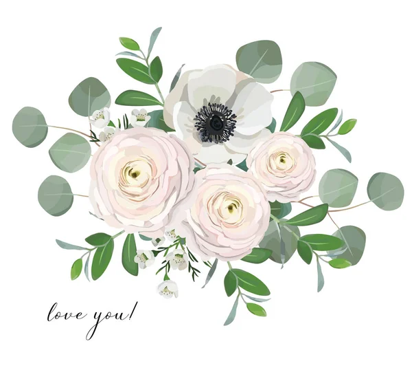 Ranunculus anemone eucalyptus peony rose flowers bouquet illustration — Stock Vector