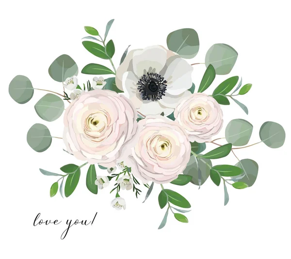 Ranunculus anemone eukalyptus pion ros blommor bukett illustration — Stock vektor