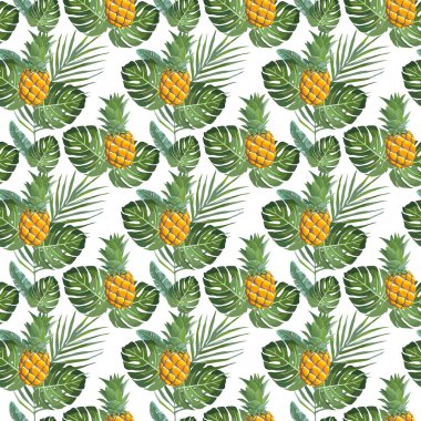 monstera, muz yaprakları ve ananas ile tropikal seamless modeli