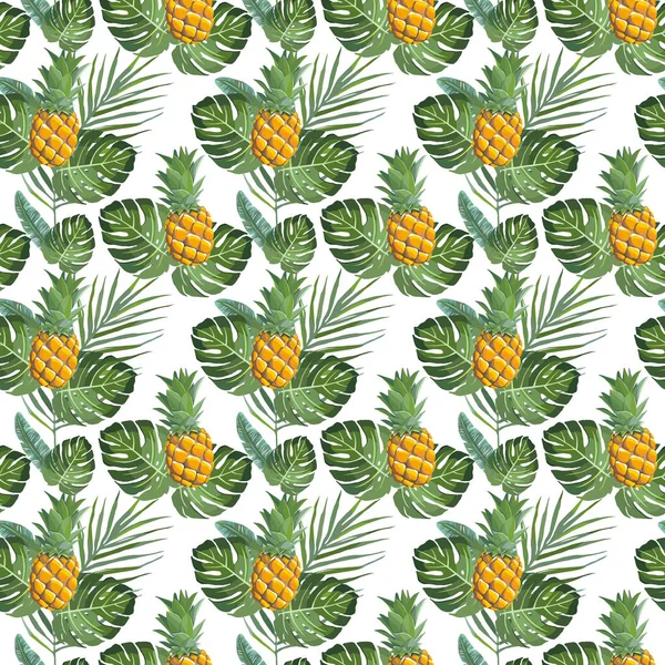 Tropical seamless pattern with monstera, banana leaves and pineapples — Stock Vector