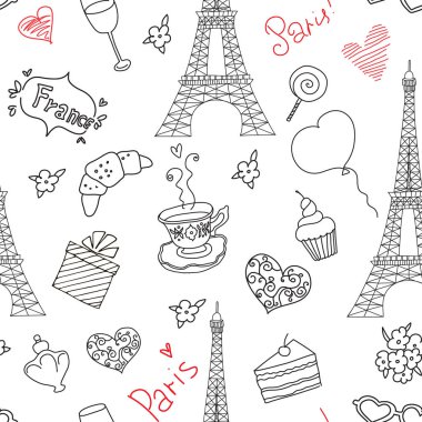 Paris el çizilmiş öğeleri seamless modeli. vektör çizim doodle tarzı
