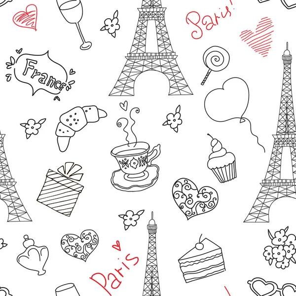 Paris hand drawn elements seamless pattern. vector illustration in doodle style — Stock Vector