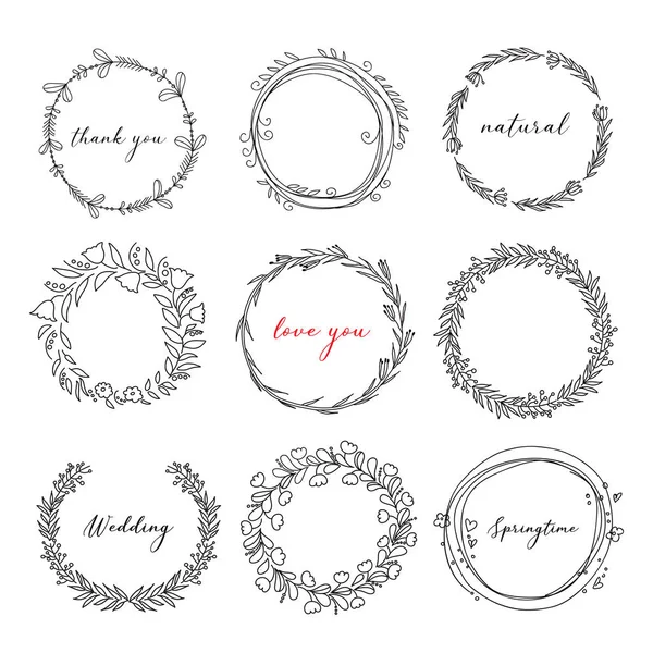 Hand drawn floral wreath set doodle style. Vector illustration — Stock Vector