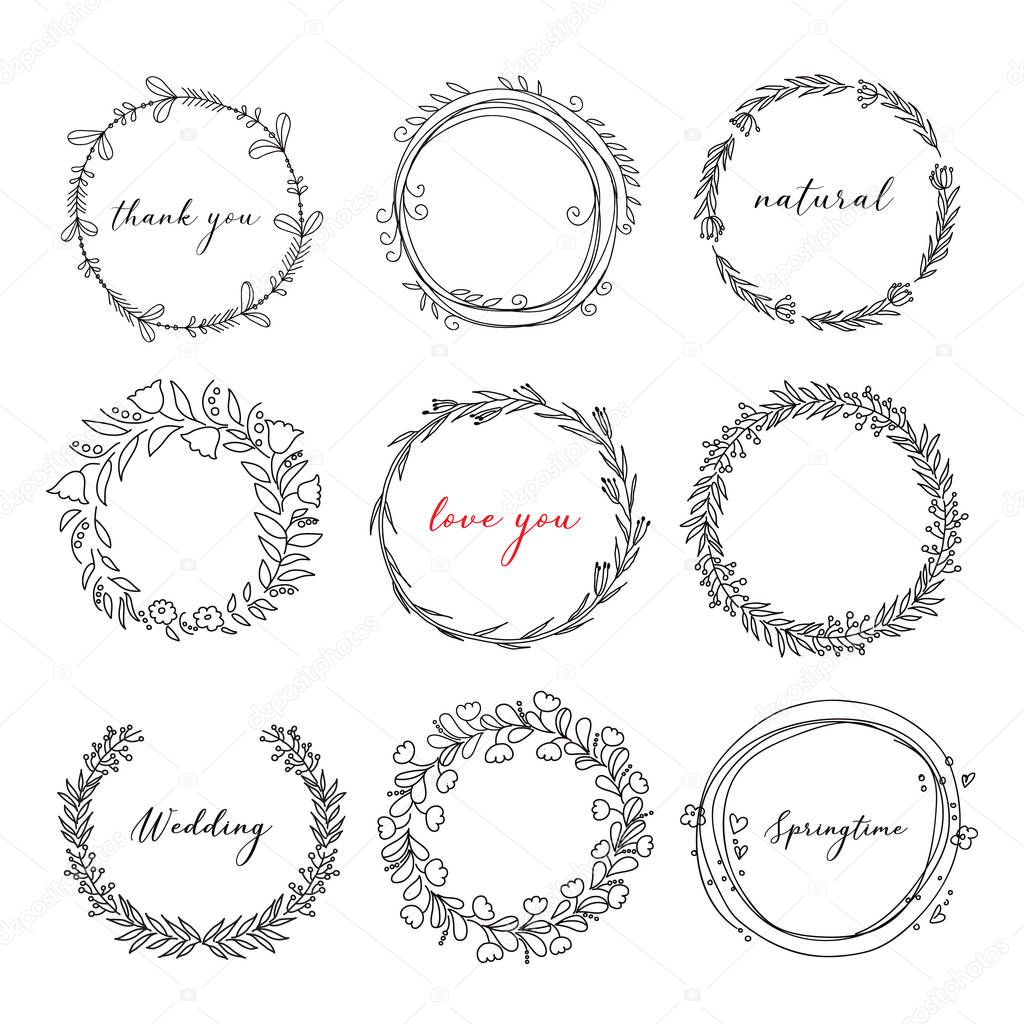 hand drawn floral wreath set doodle style. Vector illustration