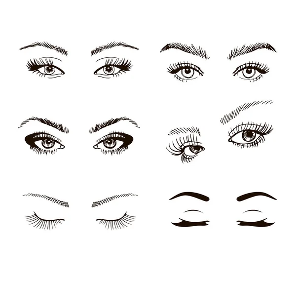 Set of different female eyes with long eyelashes — Stock Vector