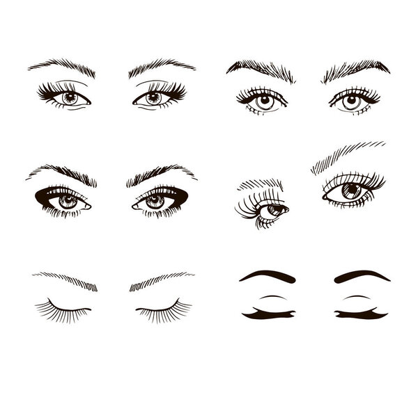 set of different female eyes with long eyelashes