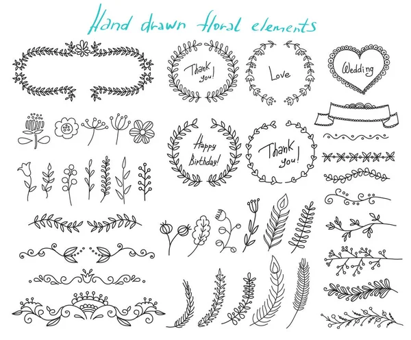 Conjunto de elemrnts florales dibujados a mano. Ilustración vectorial — Vector de stock