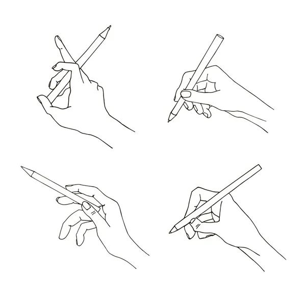 Mains dans différentes interprétations. Illustration vectorielle. icône de la main avec un crayon Isolé sur fond blanc — Image vectorielle