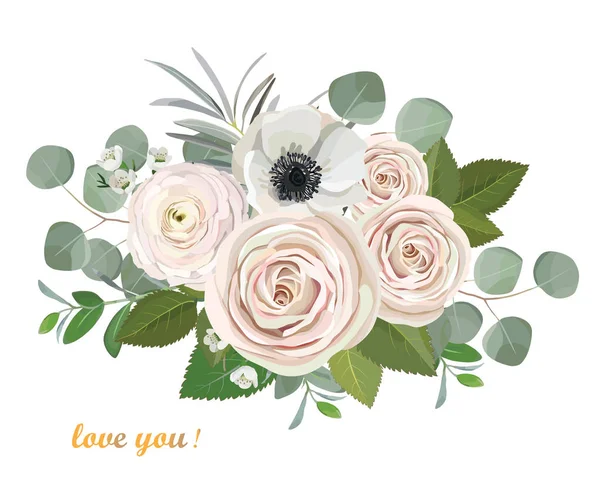 Ranunculus anemone eucalyptus peach rose flowers bouquet illustration. vector design concept — Stock Vector