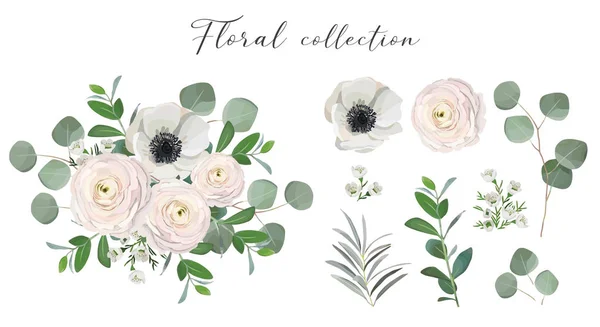 Conjunto de elementos florales. anemone ranunculus rose peony flowers, eucalyptus branches and green leaves. Disposiciones vectoriales para la tarjeta de felicitación o el diseño de invitación weddong — Vector de stock