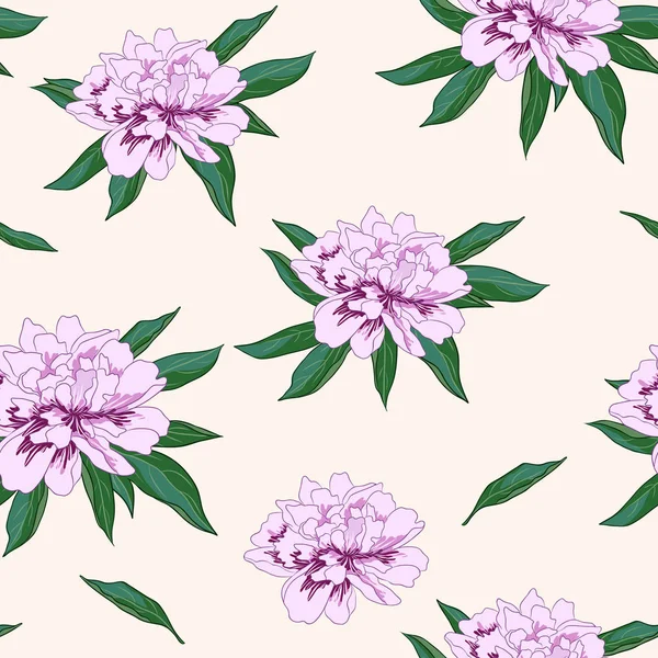 Patrón sin costura vectorial con flores de peonía rosa sobre fondo beige . — Vector de stock