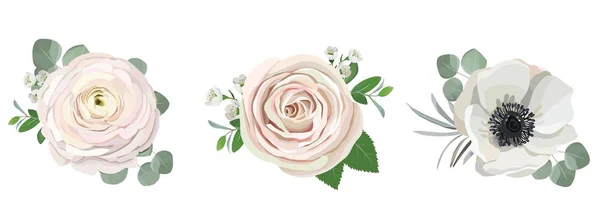 Anemone ranunculus eucalyptus rose peony flowers and eucalyptus branches bouquet vector illustration, hand drawn floral elements set for greeting cards, wedding invitations. — 图库矢量图片