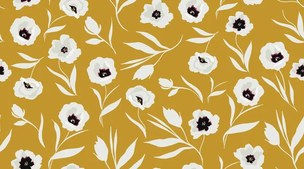 Naadloze bloemmotief. witte bloemen op gele achtergrond. vector illustratie — Stockvector