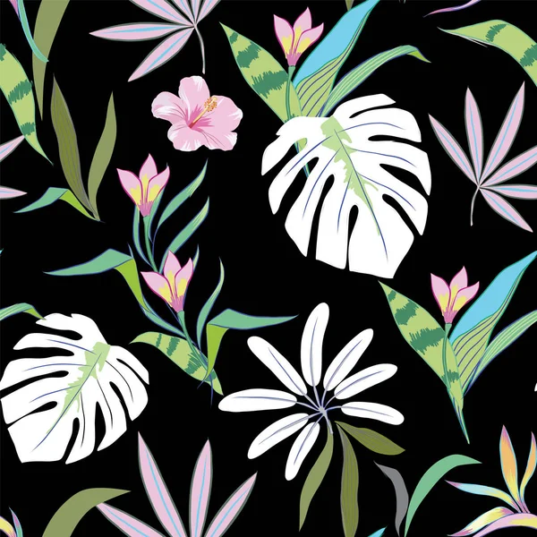 Tropische planten bladeren en bloemen naadloze patroon. ontwerpconcept — Stockvector