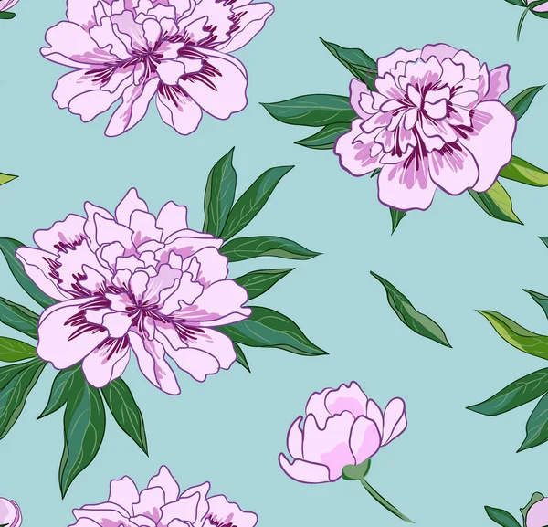 Patrón sin costura vectorial con flores de peonía rosa sobre fondo turquesa . — Vector de stock