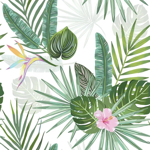 monstera, muz yaprakları ve ebegümeci ile tropikal dikişsiz desen